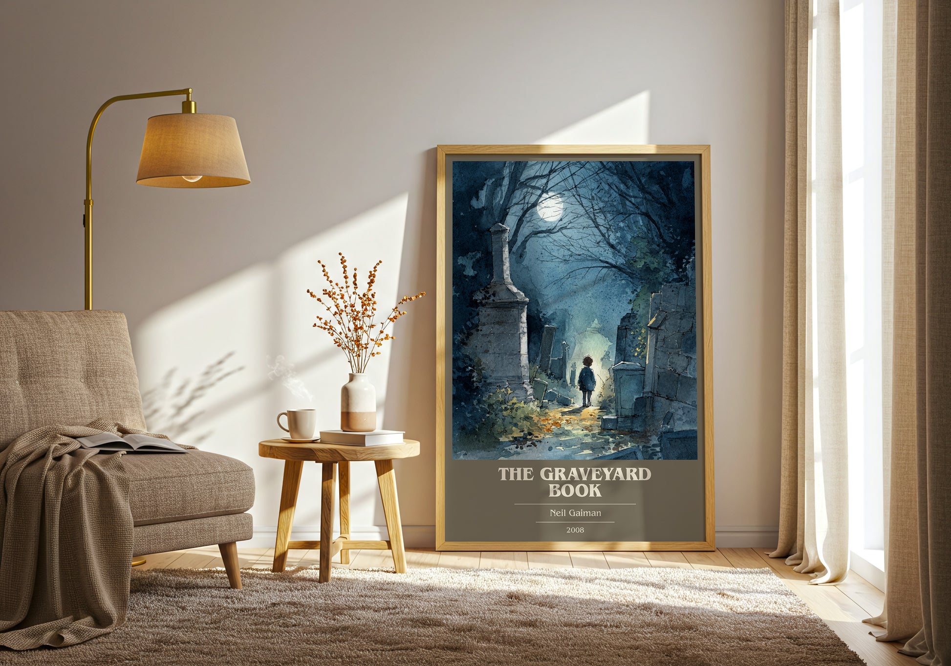 The Graveyard Book book cover print framed by window – literary home decor