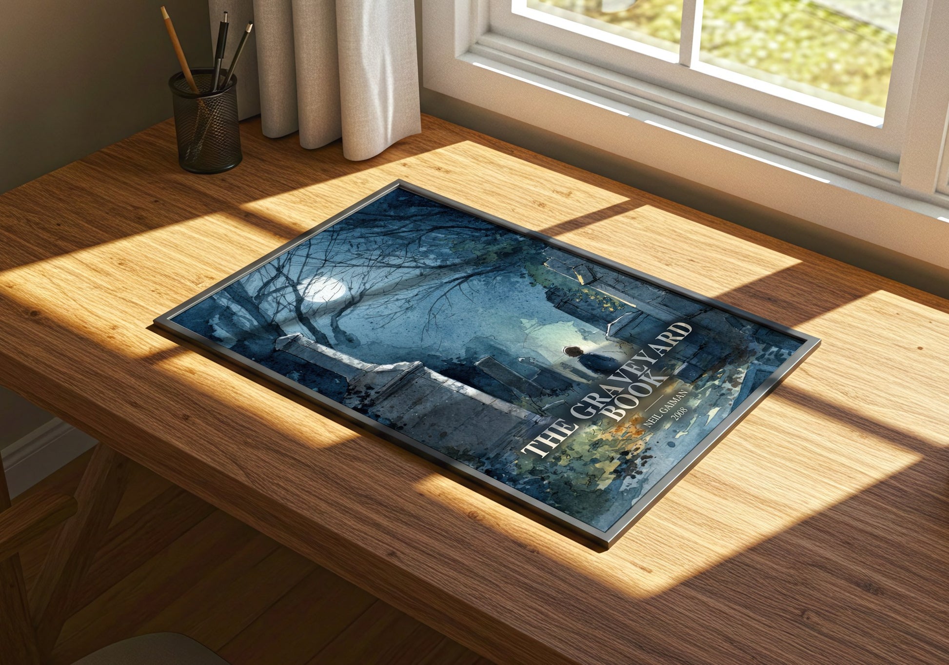 The Graveyard Book watercolour book poster framed on wall – childrens wall art
