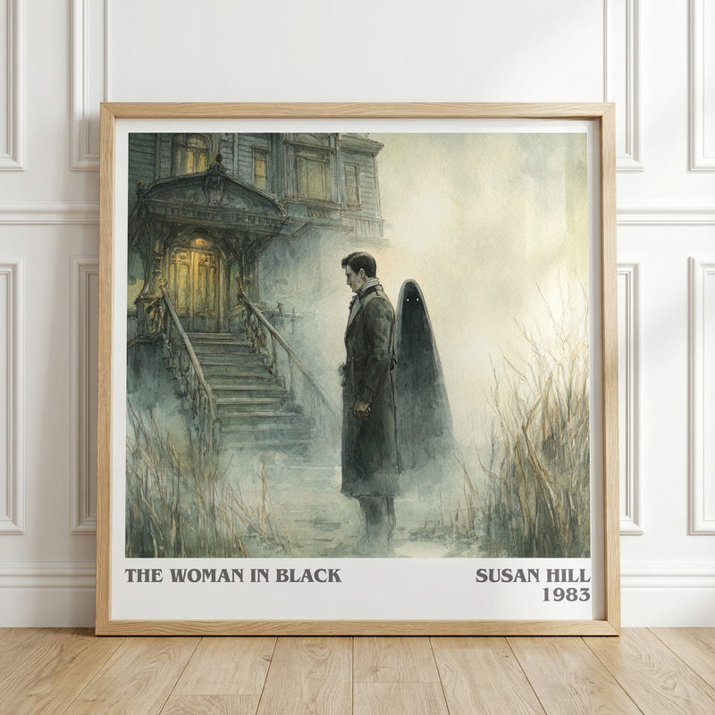 The Woman in Black literary print in frame leaning in hallway – gothic wall art