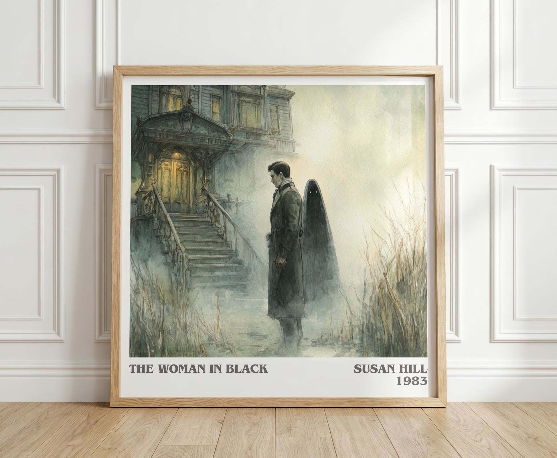 The Woman in Black literary print in frame leaning in hallway – gothic wall art