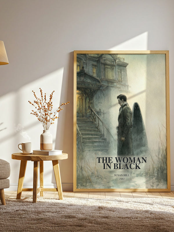 The Woman In Black watercolour print in frame leaning in hallway – gothic wall art