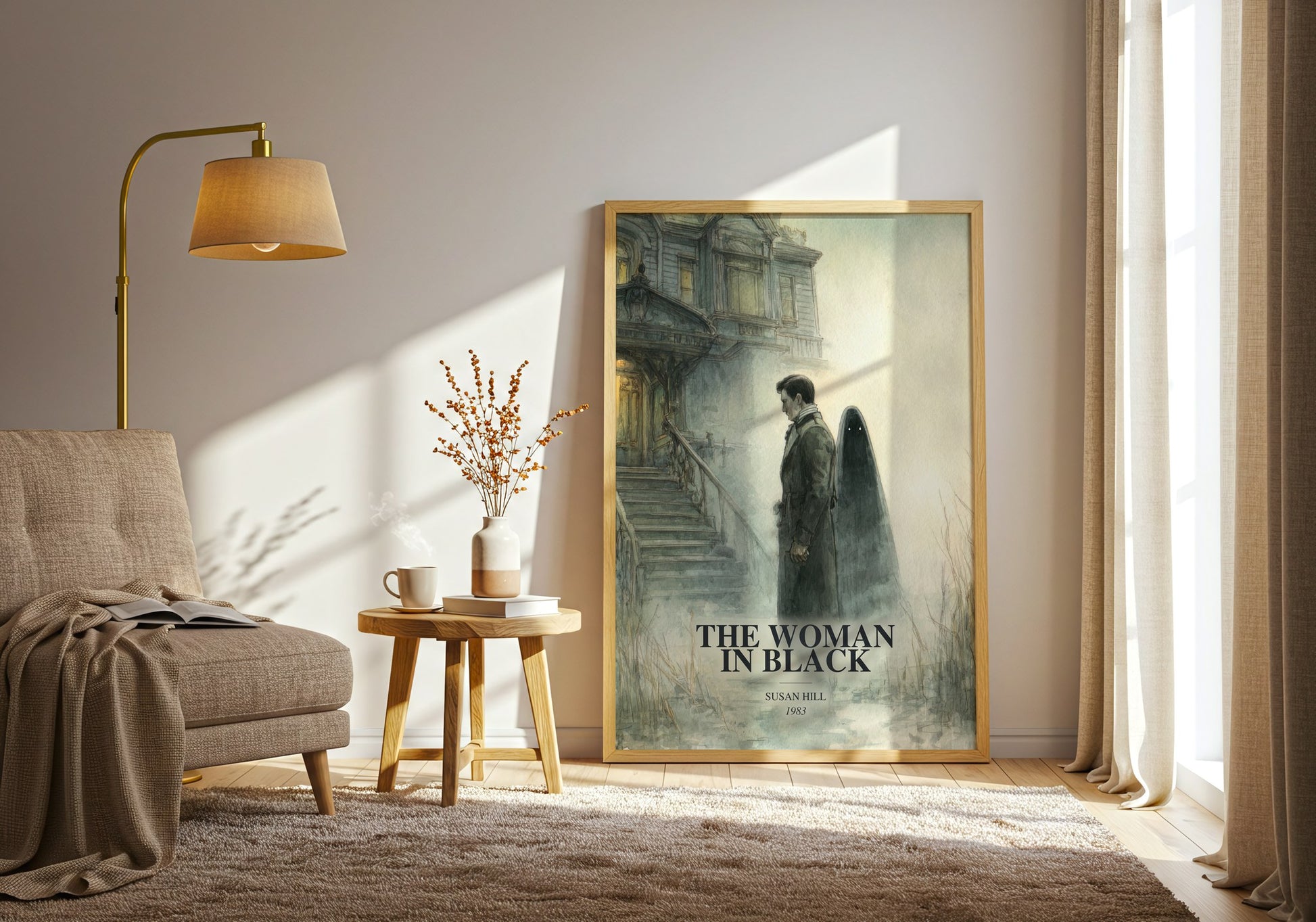The Woman In Black watercolour print in frame leaning in hallway – gothic wall art