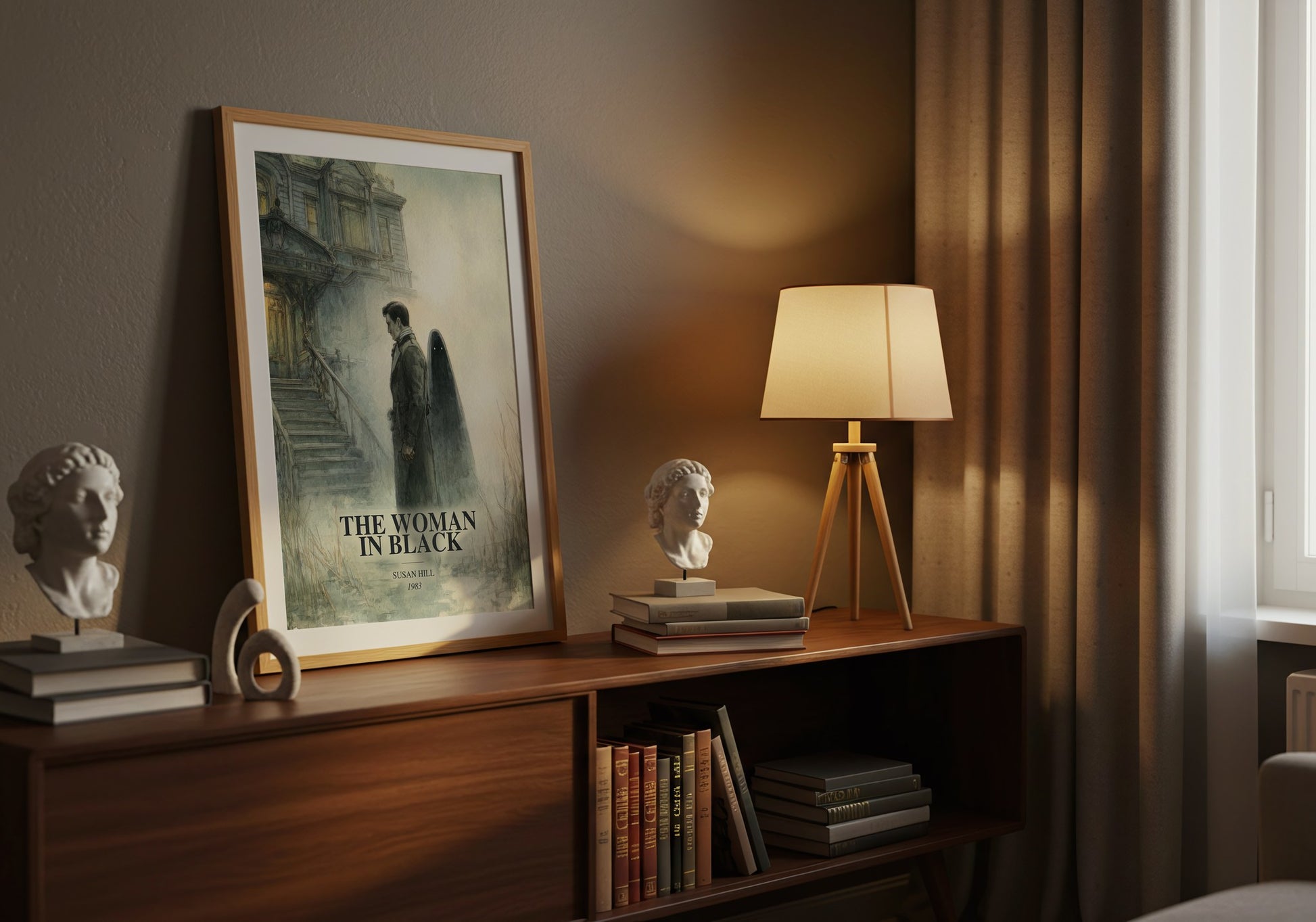 The Woman In Black watercolour print on bookshelf – Susan Hill fan gift