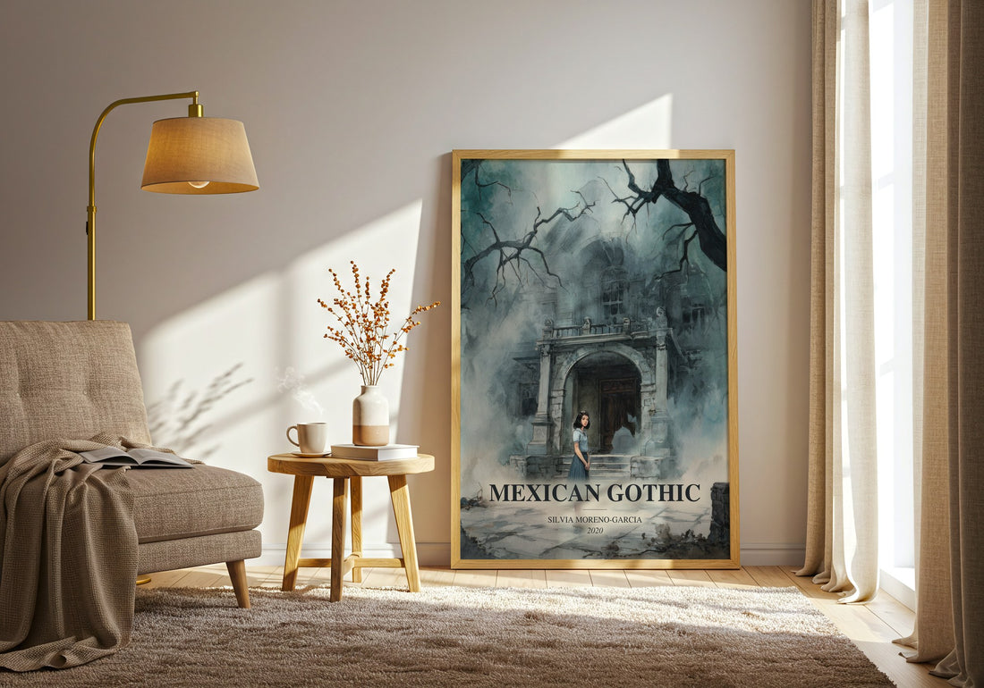 Mexican Gothic watercolour print in frame leaning in hallway – gothic wall art (mockup)