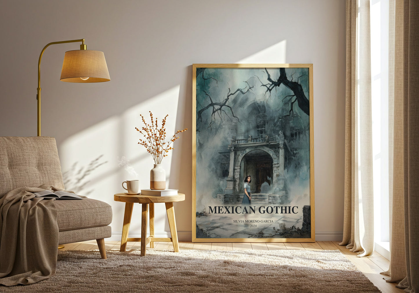 Mexican Gothic watercolour print in frame leaning in hallway – gothic wall art