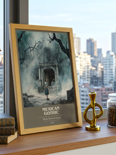 Mexican Gothic Book Cover Poster by Silvia Moreno-Garcia – framed print on a city-view windowsill