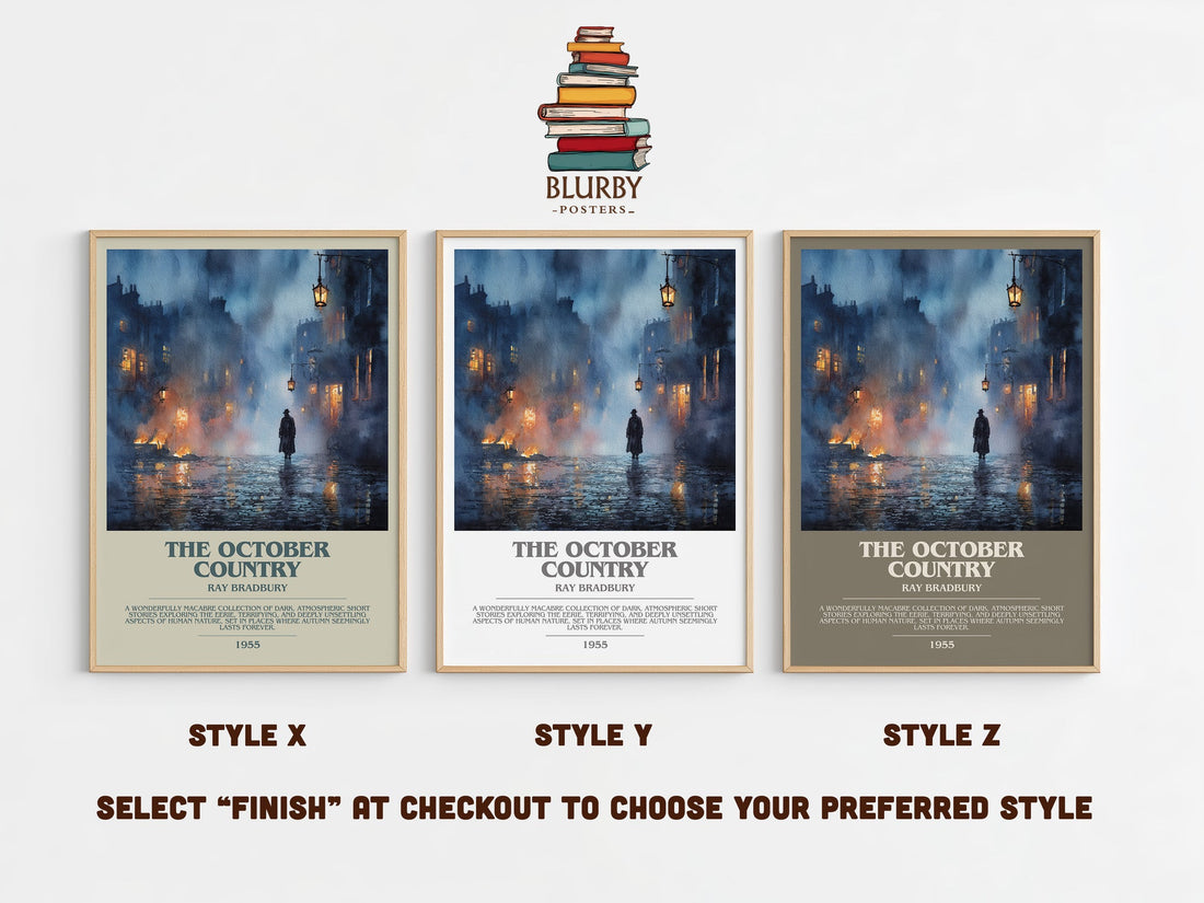 The October Country bookish print in frame leaning in hallway – horror wall art (mockup)