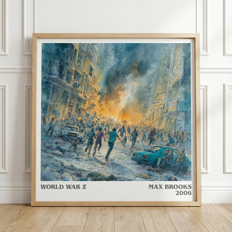 World War Z literary print in frame leaning in hallway – horror wall art