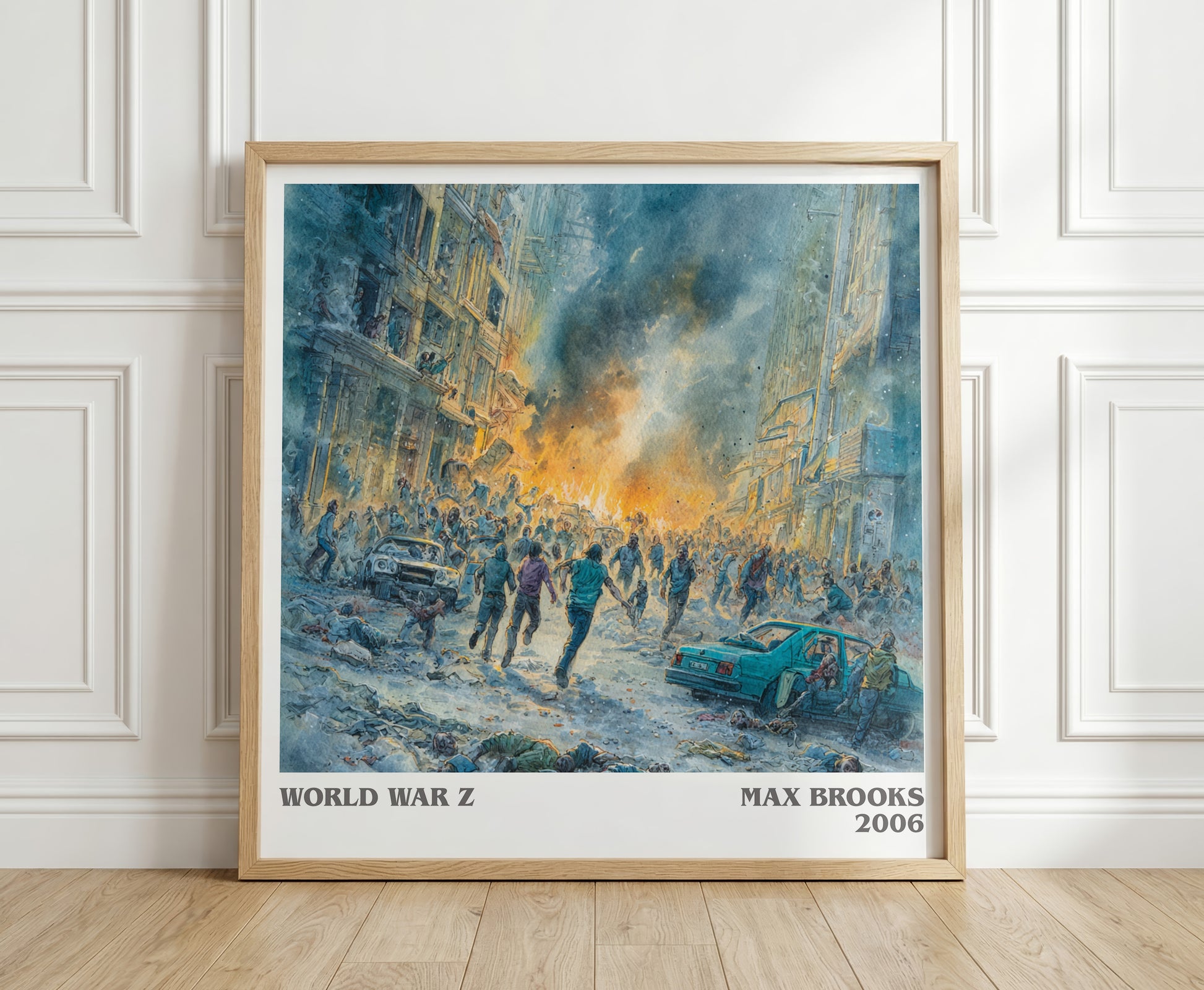 World War Z literary print in frame leaning in hallway – horror wall art
