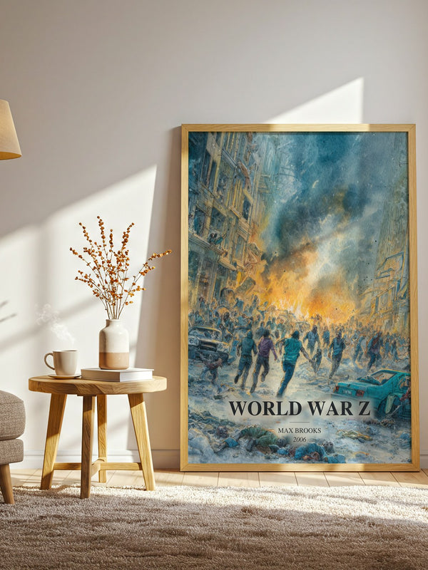 World War Z watercolour print in frame leaning in hallway – horror wall art