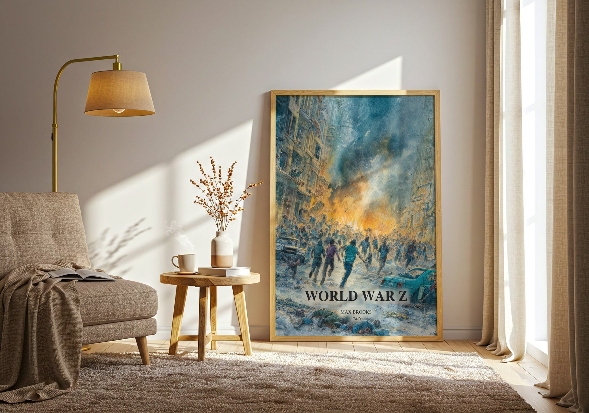 World War Z watercolour print in frame leaning in hallway – horror wall art