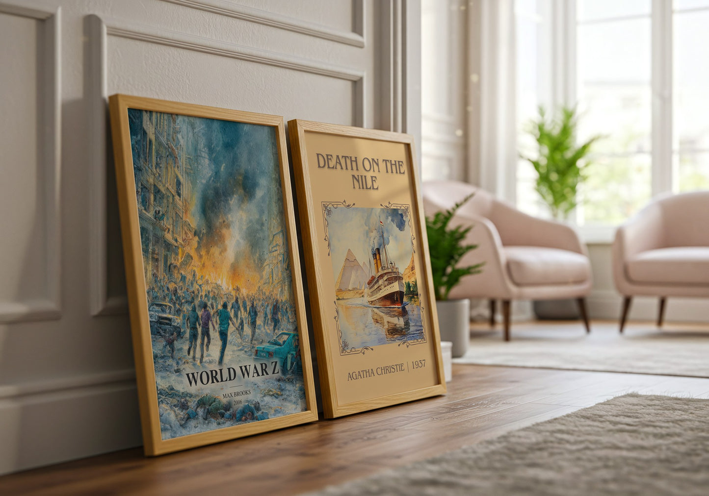 World War Z watercolour print framed by window – literary home decor