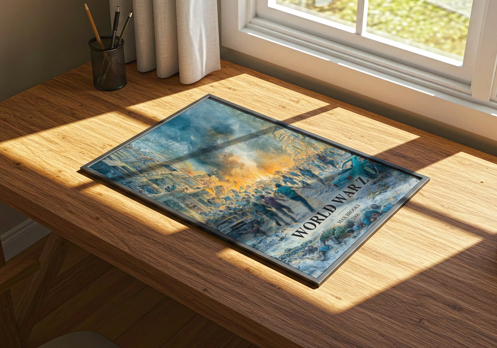 World War Z watercolour book poster framed on wall – horror wall art