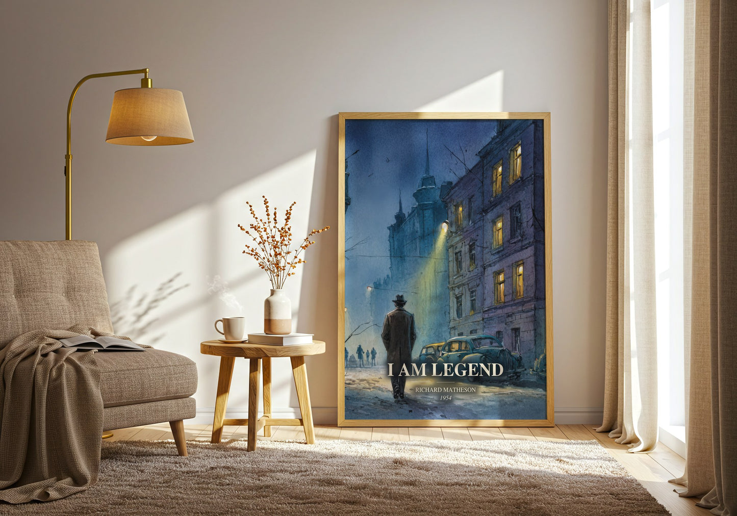 I Am Legend watercolour print in frame leaning in hallway – horror wall art