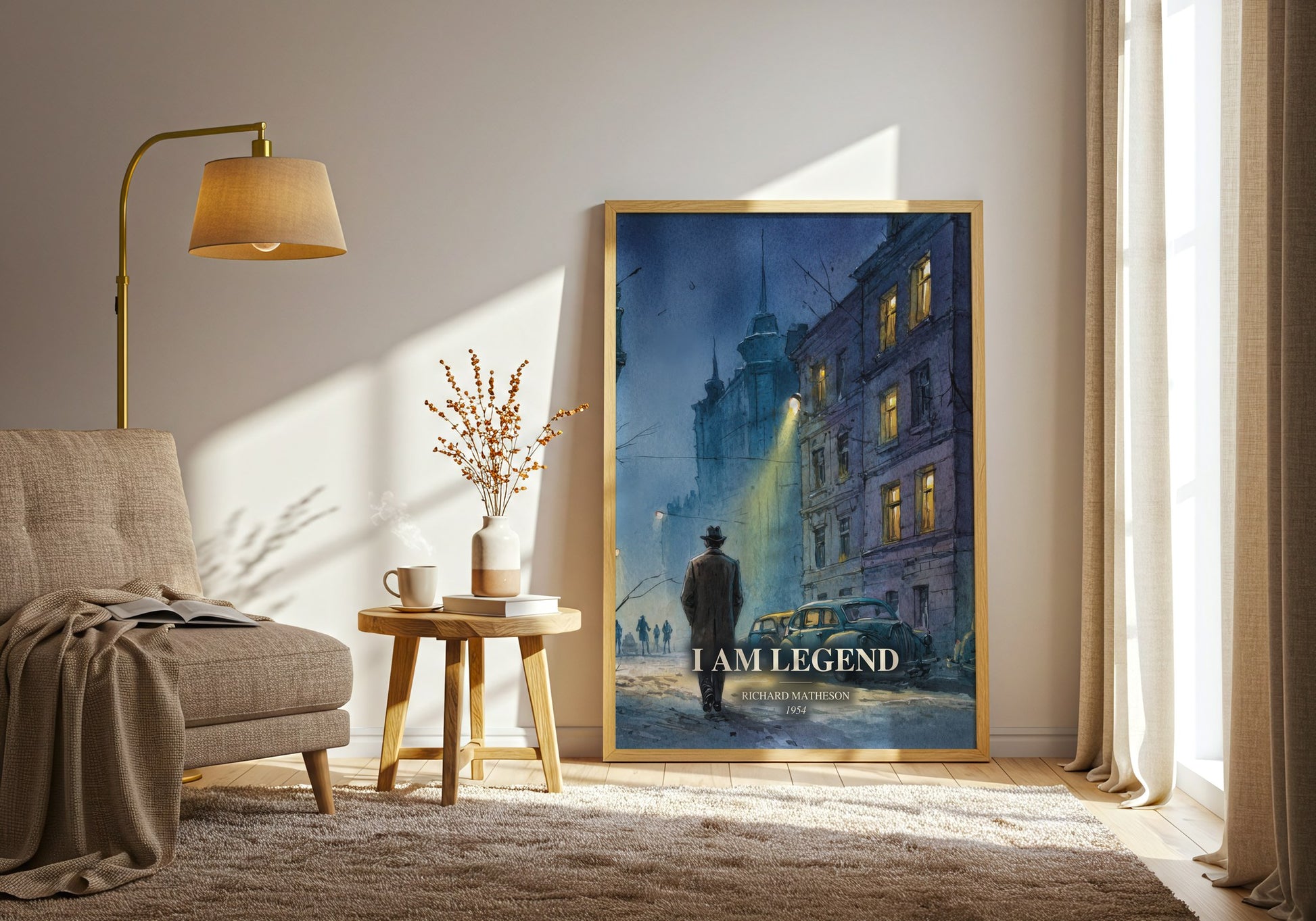 I Am Legend watercolour print in frame leaning in hallway – horror wall art