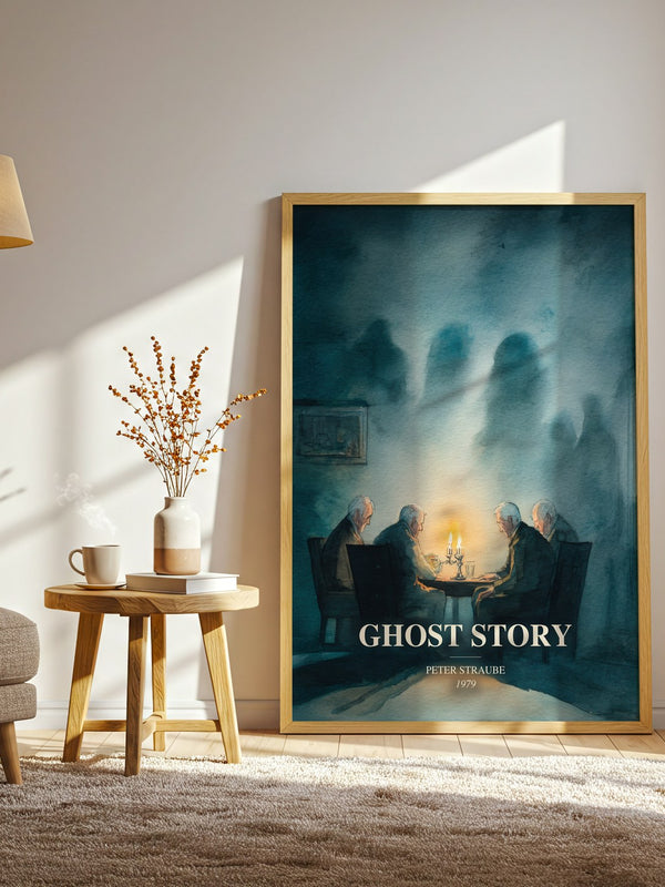 Ghost Story watercolour print in frame leaning in hallway – horror wall art