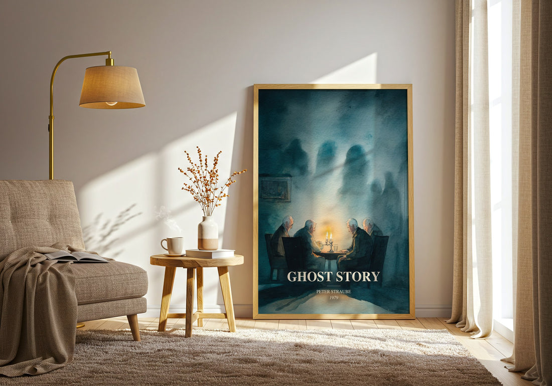 Ghost Story watercolour print in frame leaning in hallway – horror wall art (mockup)