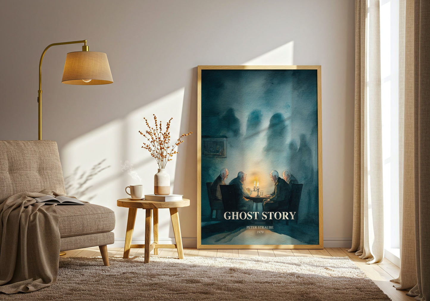 Ghost Story watercolour print in frame leaning in hallway – horror wall art