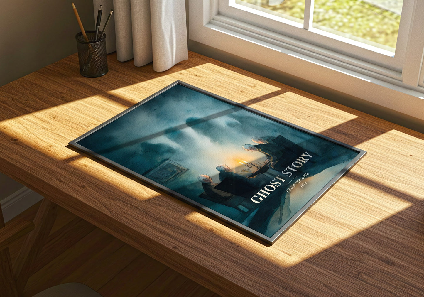 Ghost Story watercolour book poster framed on wall – horror wall art