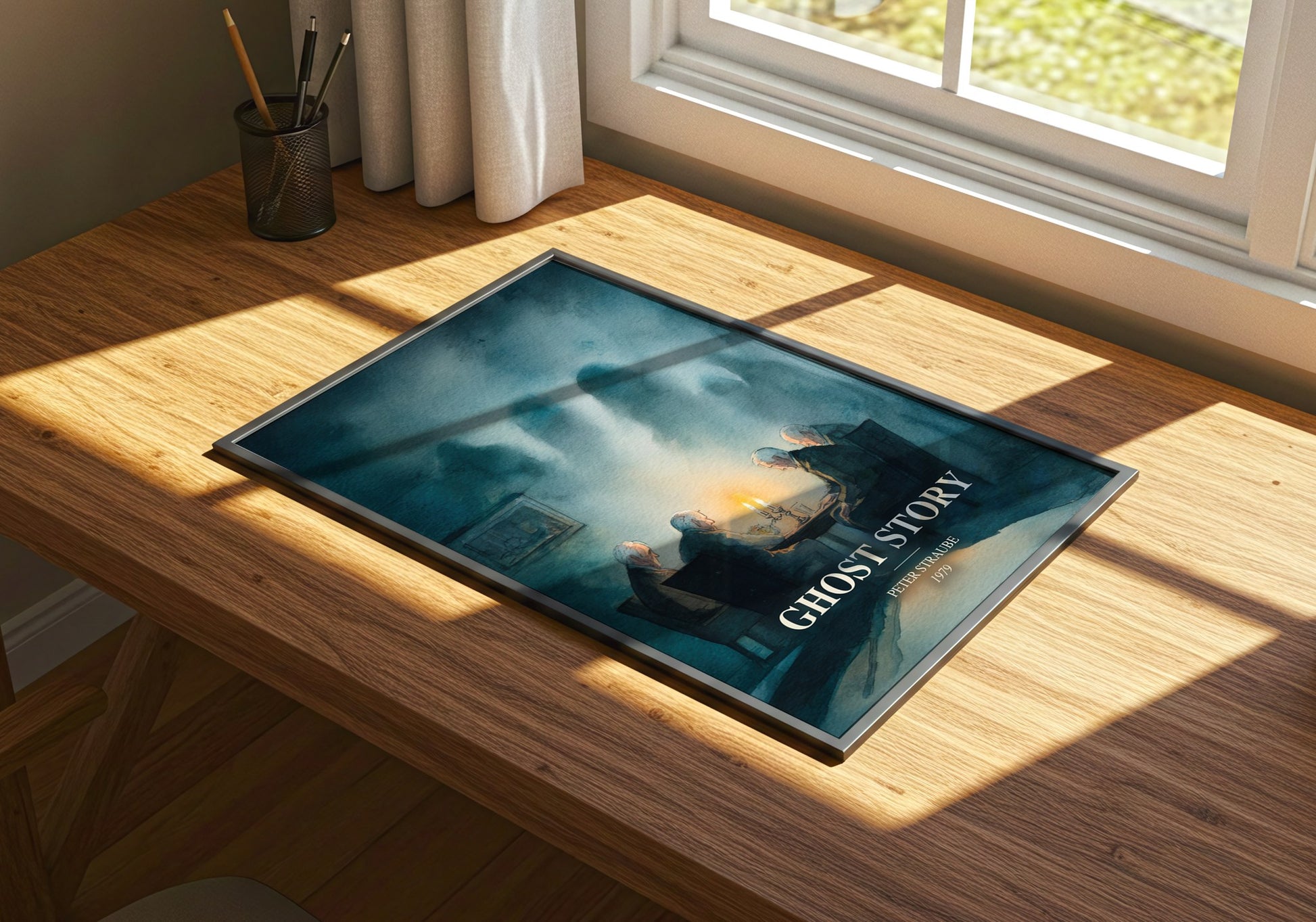 Ghost Story watercolour book poster framed on wall – horror wall art