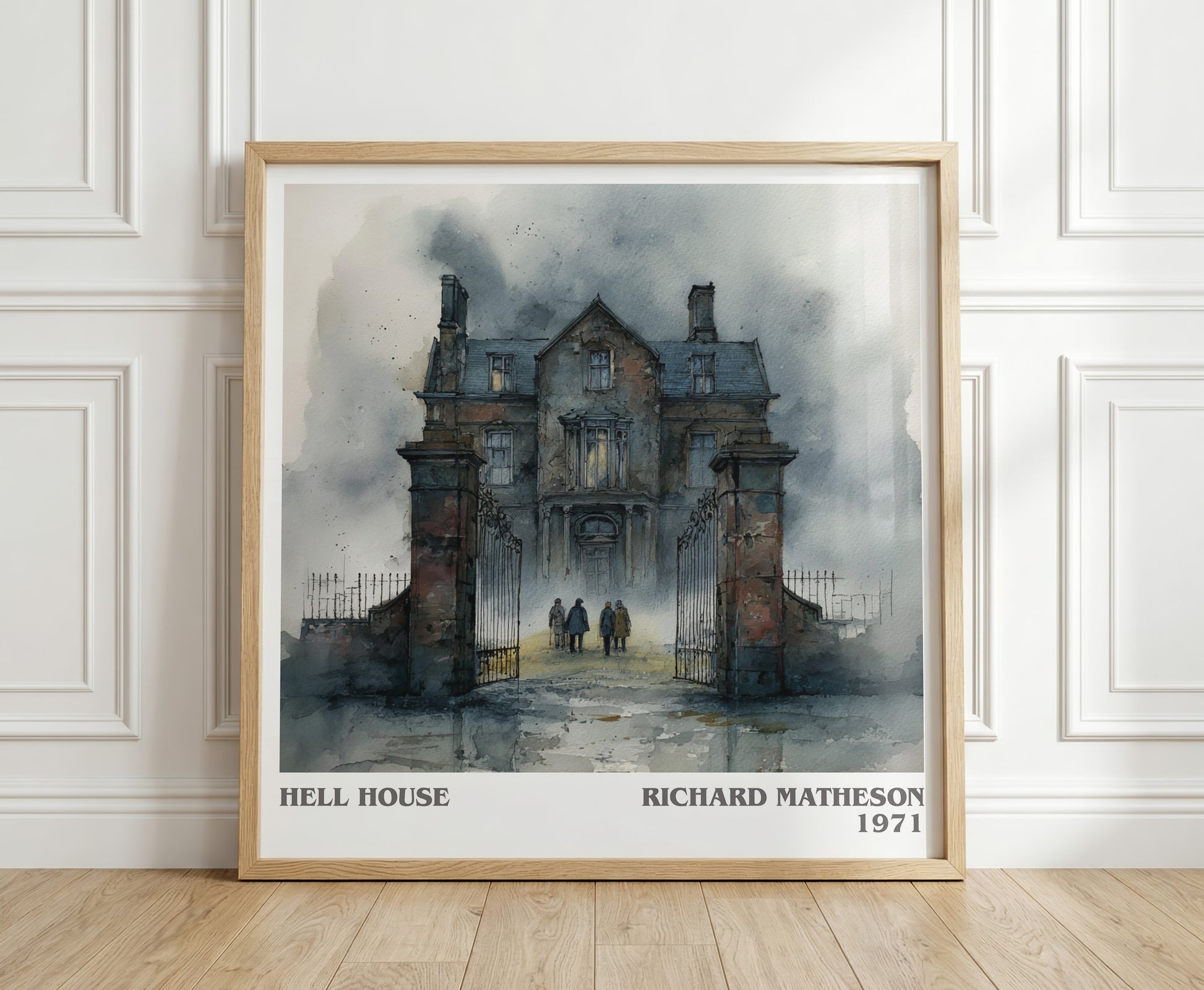 Hell House literary print in frame leaning in hallway – horror wall art