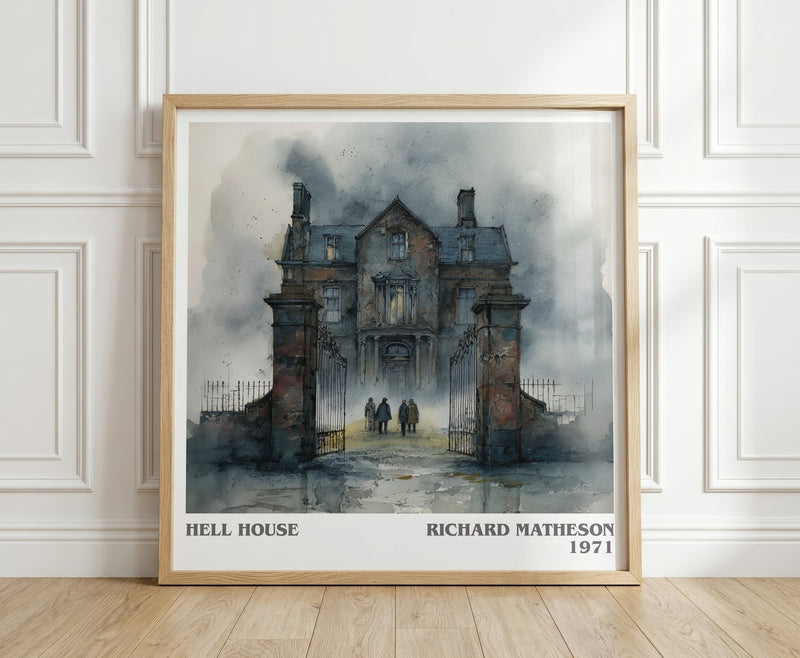 Hell House literary print in frame leaning in hallway – horror wall art