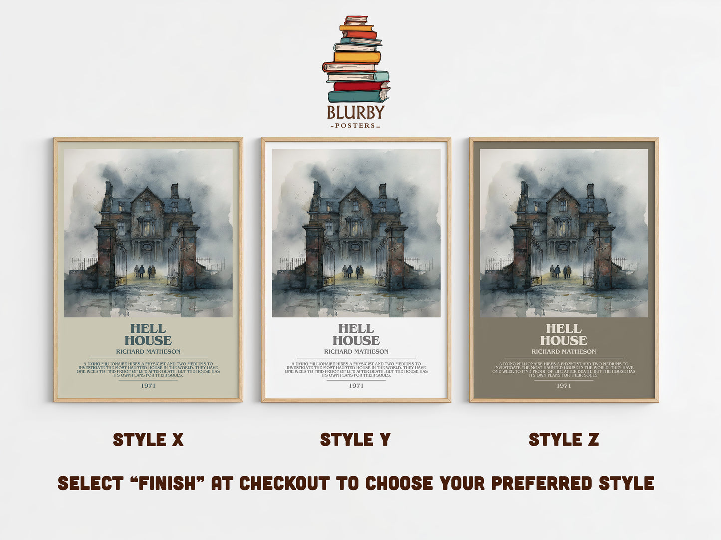 Hell House bookish print in frame leaning in hallway – horror wall art
