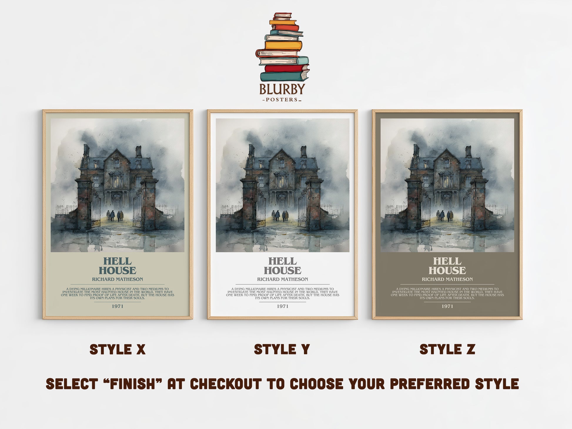 Hell House bookish print in frame leaning in hallway – horror wall art