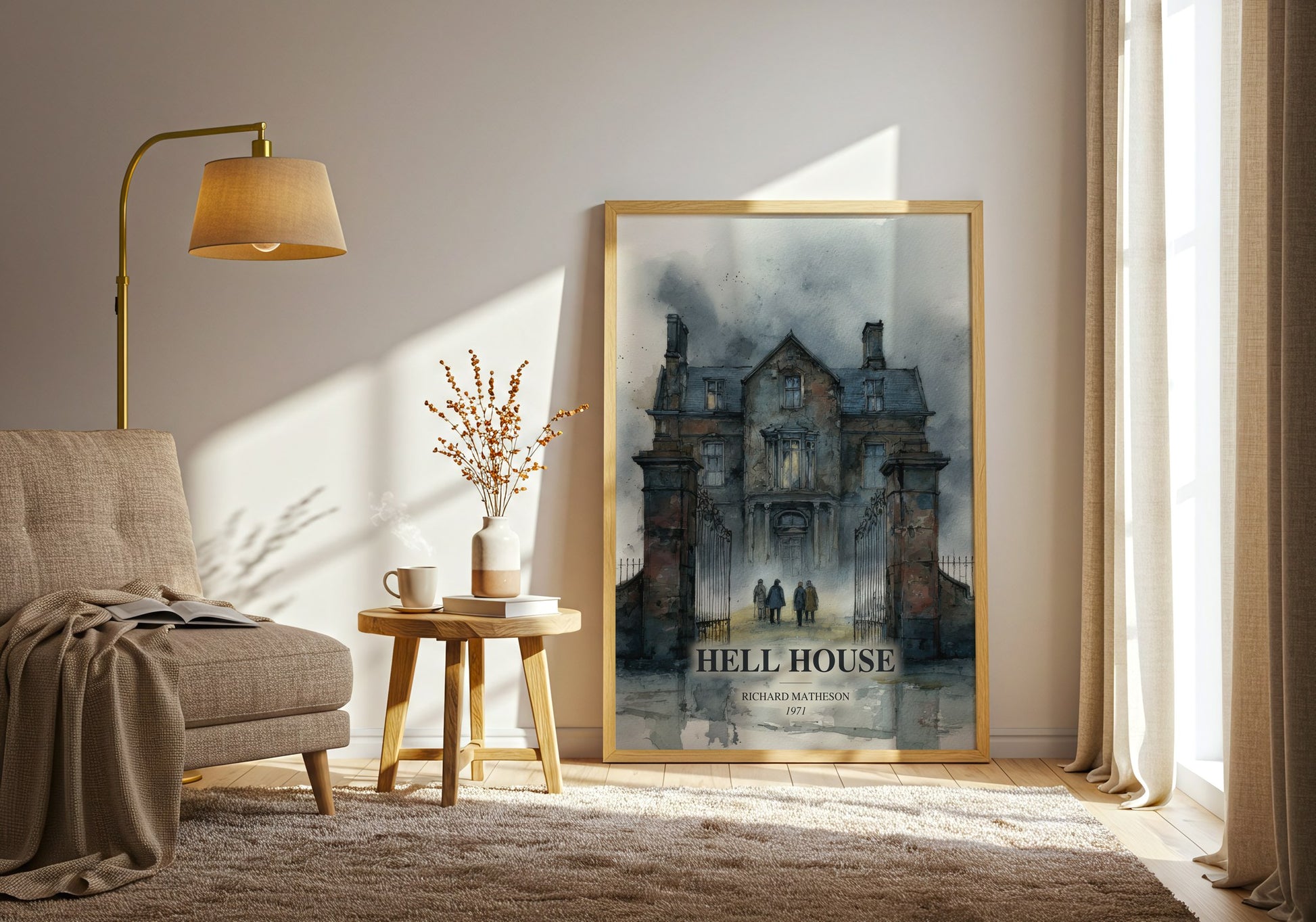 Hell House watercolour print in frame leaning in hallway – horror wall art