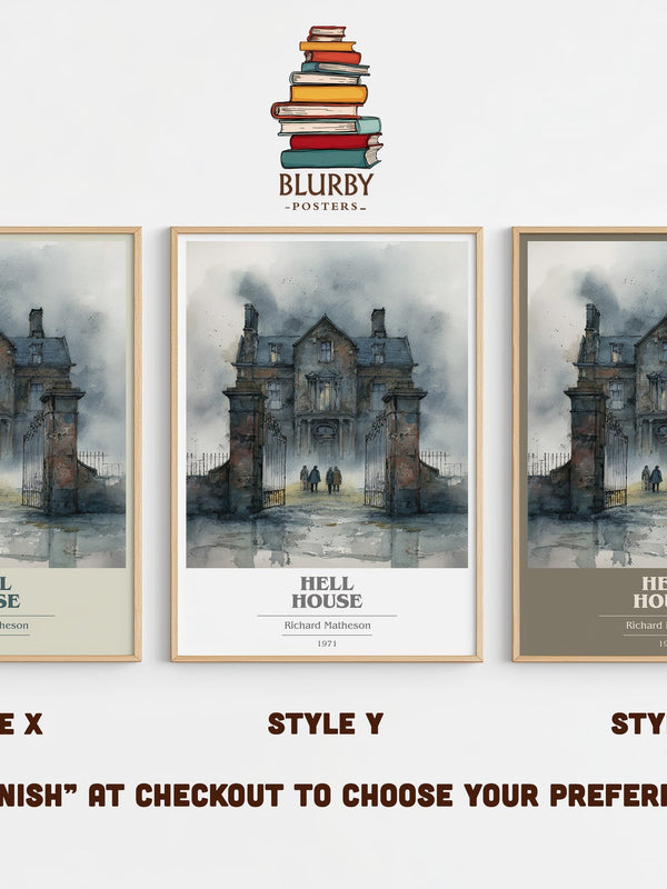 Hell House book cover print in frame leaning in hallway – horror wall art
