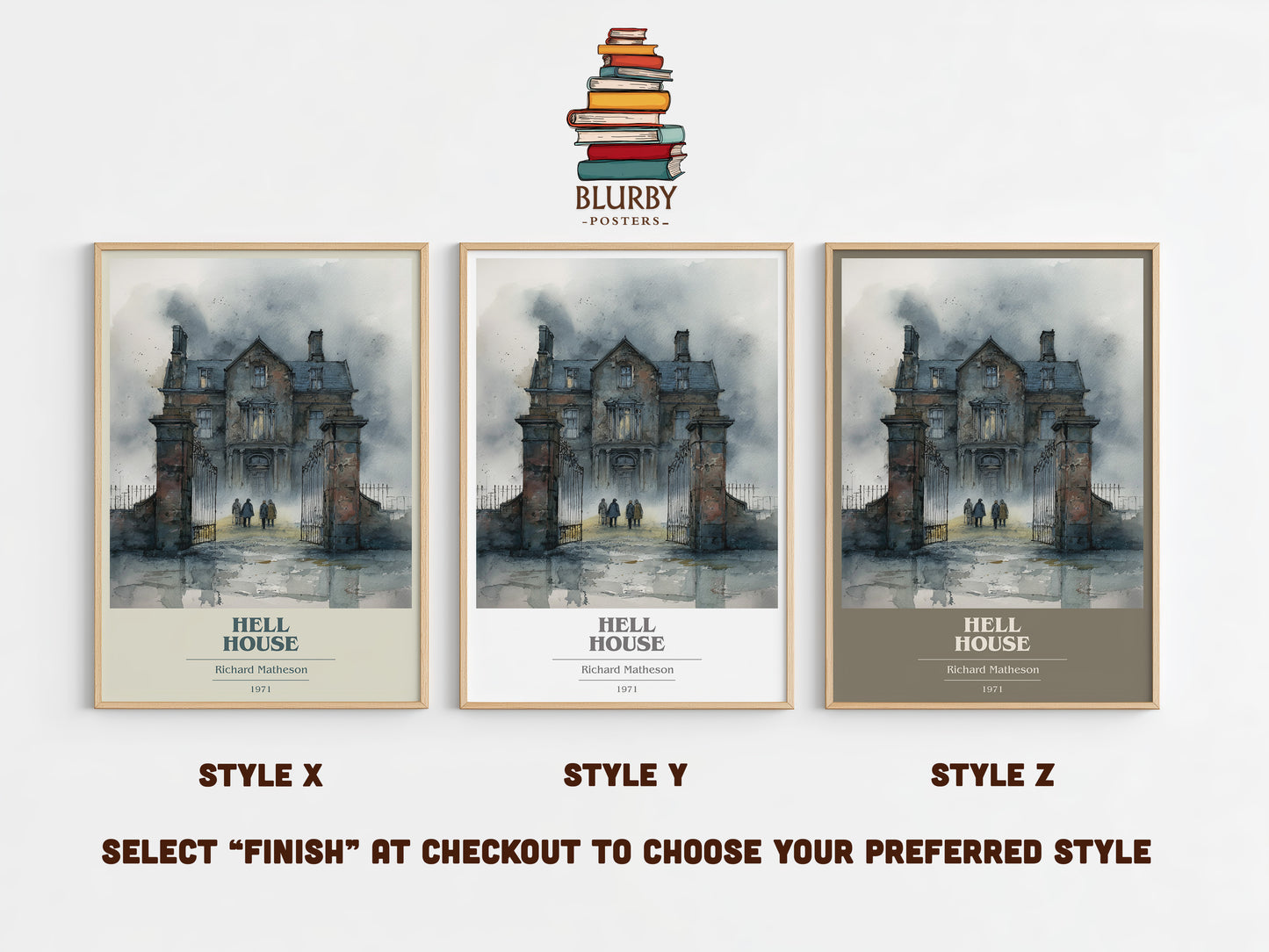 Hell House book cover print in frame leaning in hallway – horror wall art