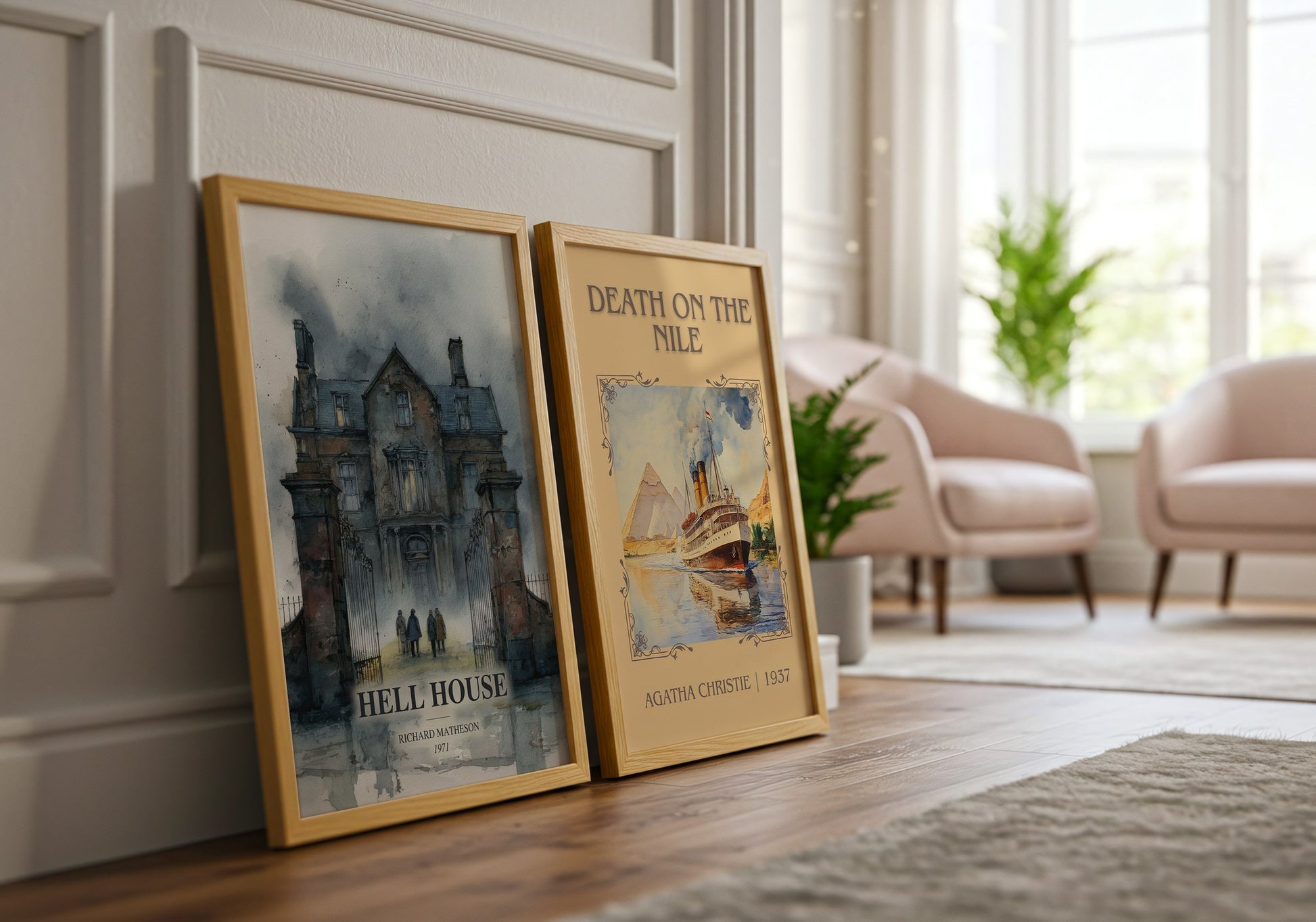 Hell House watercolour print framed by window – literary home decor