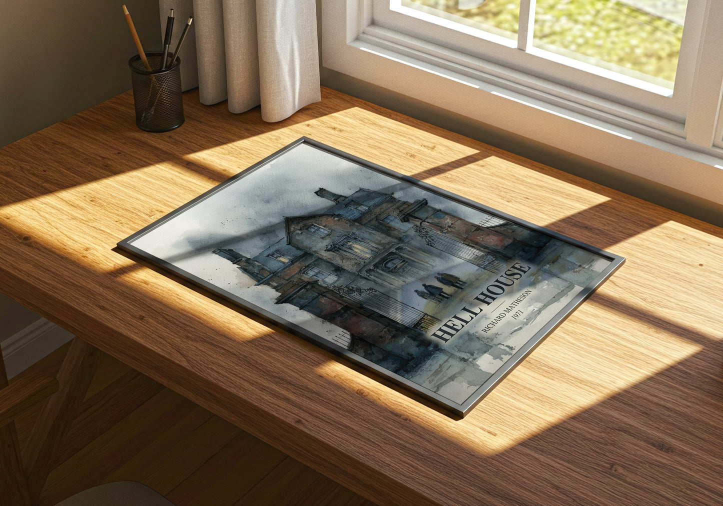 Hell House watercolour book poster framed on wall – horror wall art