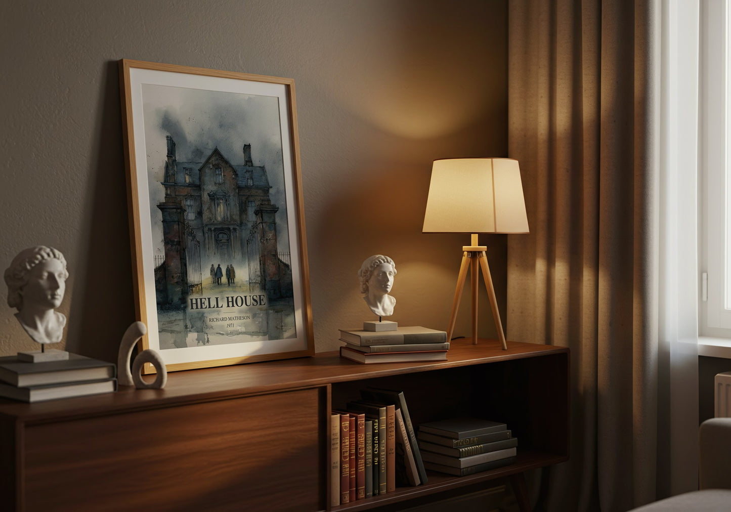 Hell House watercolour print on bookshelf – Richard Matheson fan gift