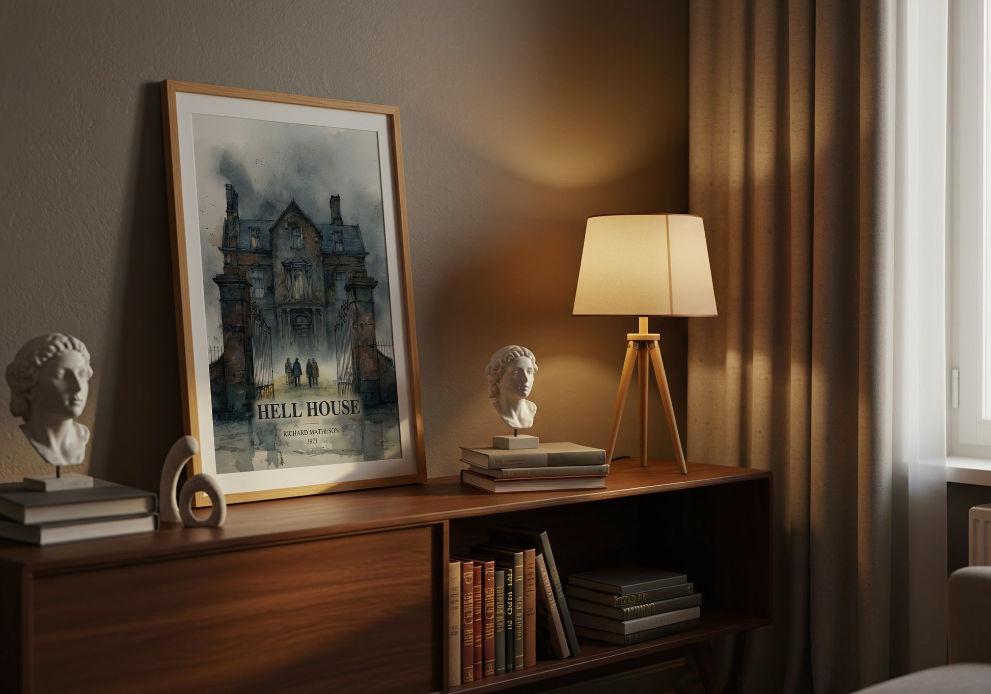 Hell House watercolour print on bookshelf – Richard Matheson fan gift