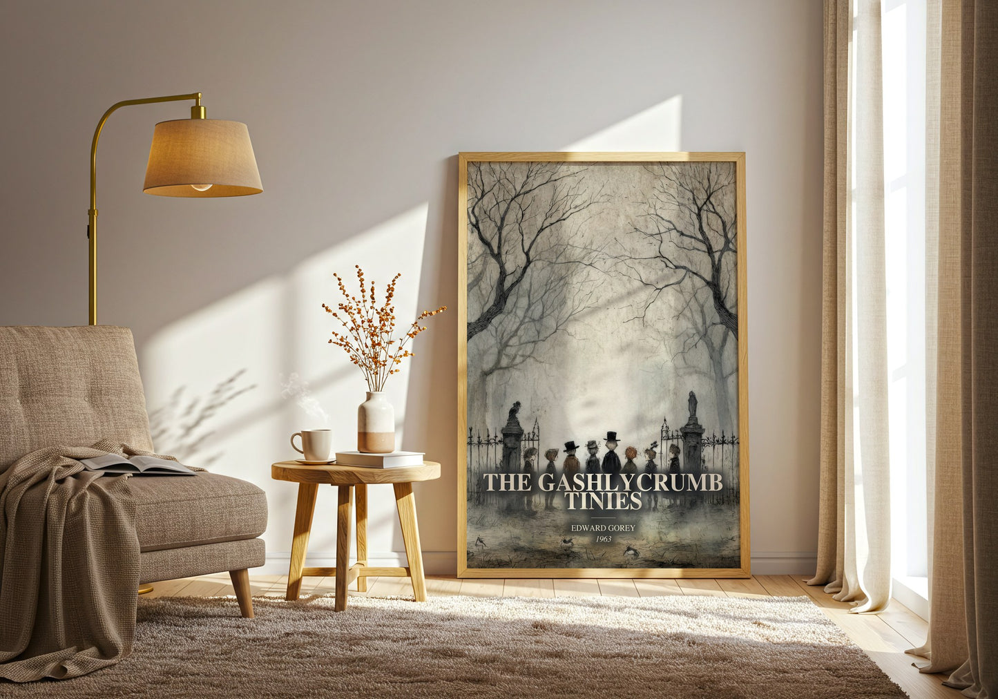 The Gashlycrumb Tinies watercolour print in frame leaning in hallway – childrens wall art