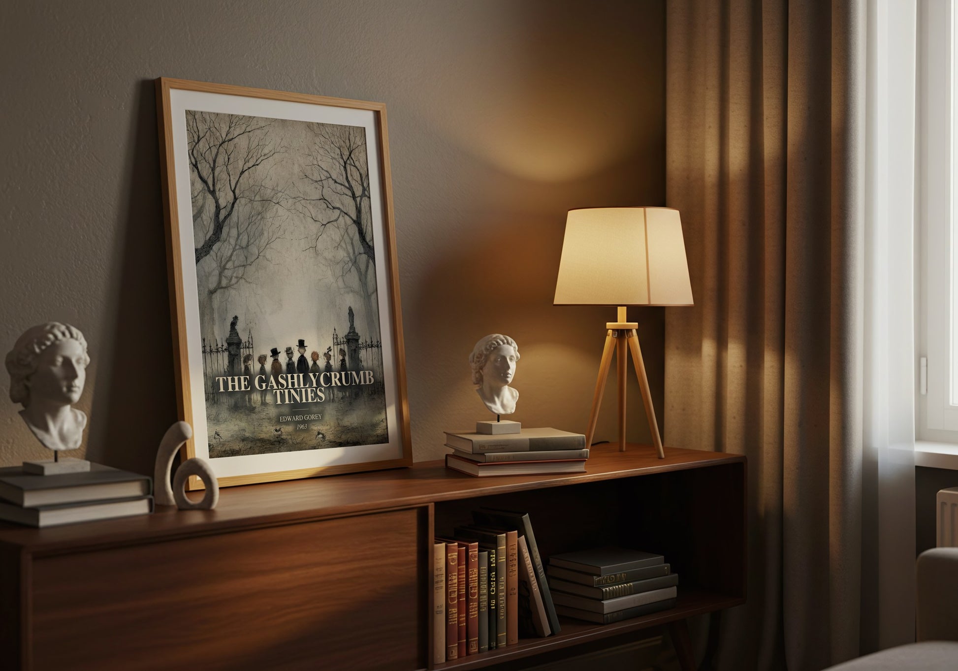 The Gashlycrumb Tinies watercolour print on bookshelf – Edward Gorey fan gift