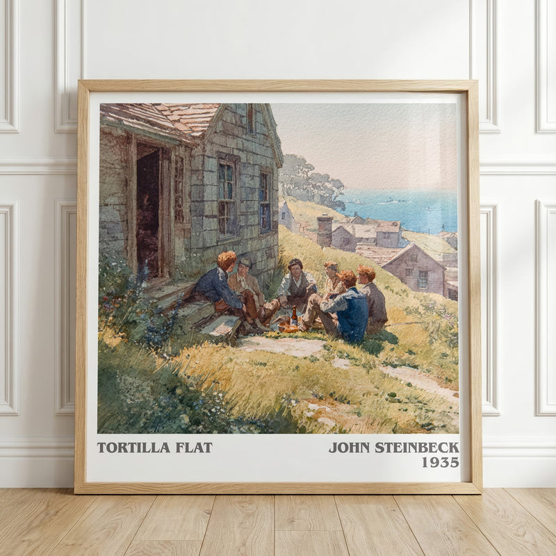 Tortilla Flat literary print in frame leaning in hallway – classic literature wall art