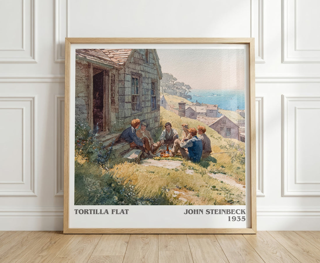 Tortilla Flat literary print in frame leaning in hallway – classic literature wall art (mockup)