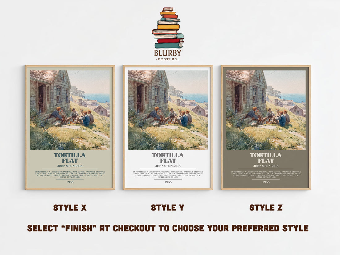 Tortilla Flat bookish print in frame leaning in hallway – classic literature wall art (mockup)