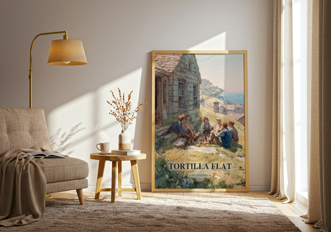 Tortilla Flat watercolour print in frame leaning in hallway – literary fiction wall art (mockup)