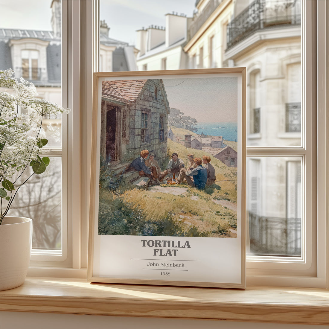Tortilla Flat Book Cover Poster by John Steinbeck – framed print by a bright window