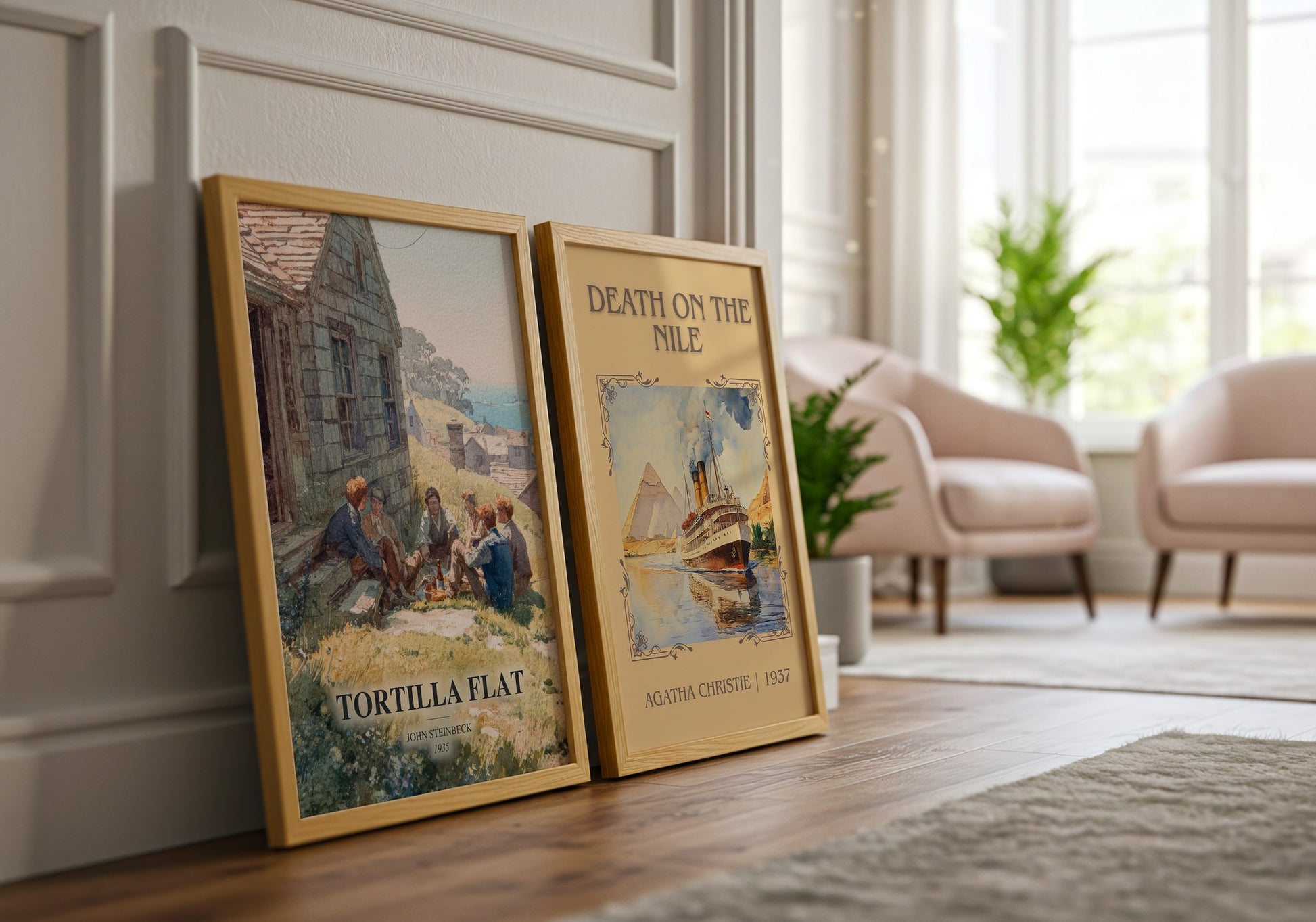 Tortilla Flat watercolour print framed by window – literary home decor
