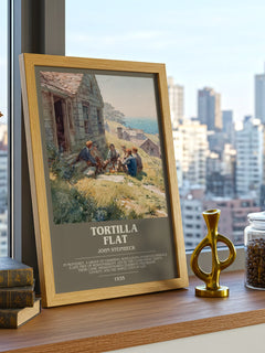 Tortilla Flat Bookish Wall Art by John Steinbeck – framed print on a city-view windowsill