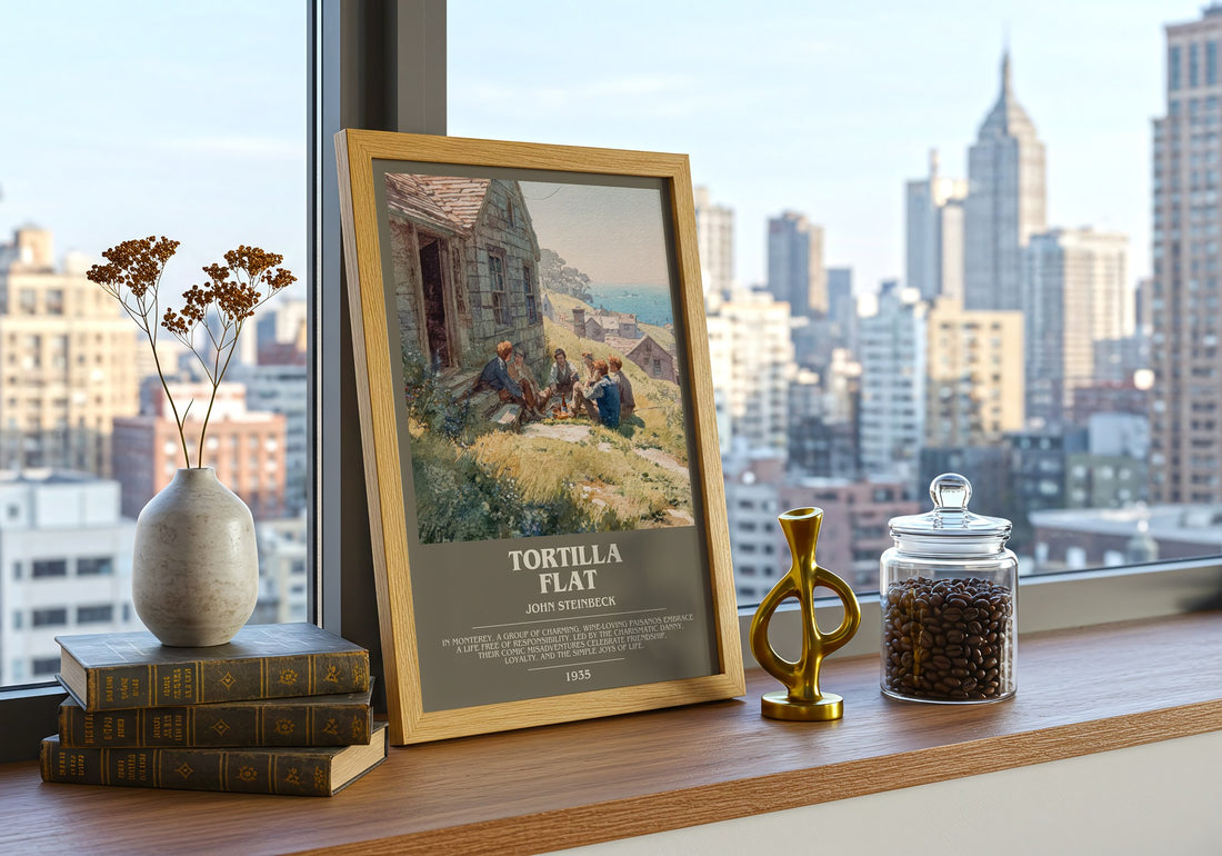 Tortilla Flat Bookish Wall Art by John Steinbeck – framed print on a city-view windowsill
