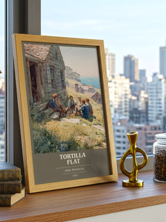 Tortilla Flat Book Cover Poster by John Steinbeck – framed print on a city-view windowsill