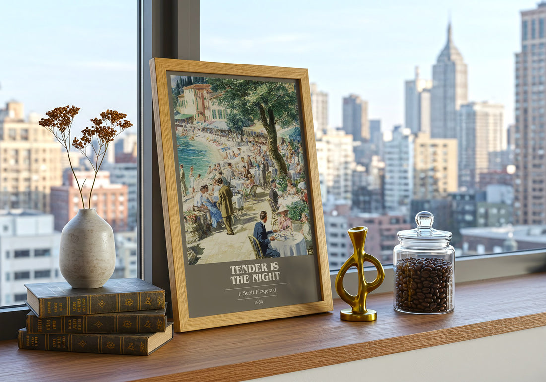 Tender Is the Night Book Cover Poster by F. Scott Fitzgerald – framed print on a city-view windowsill