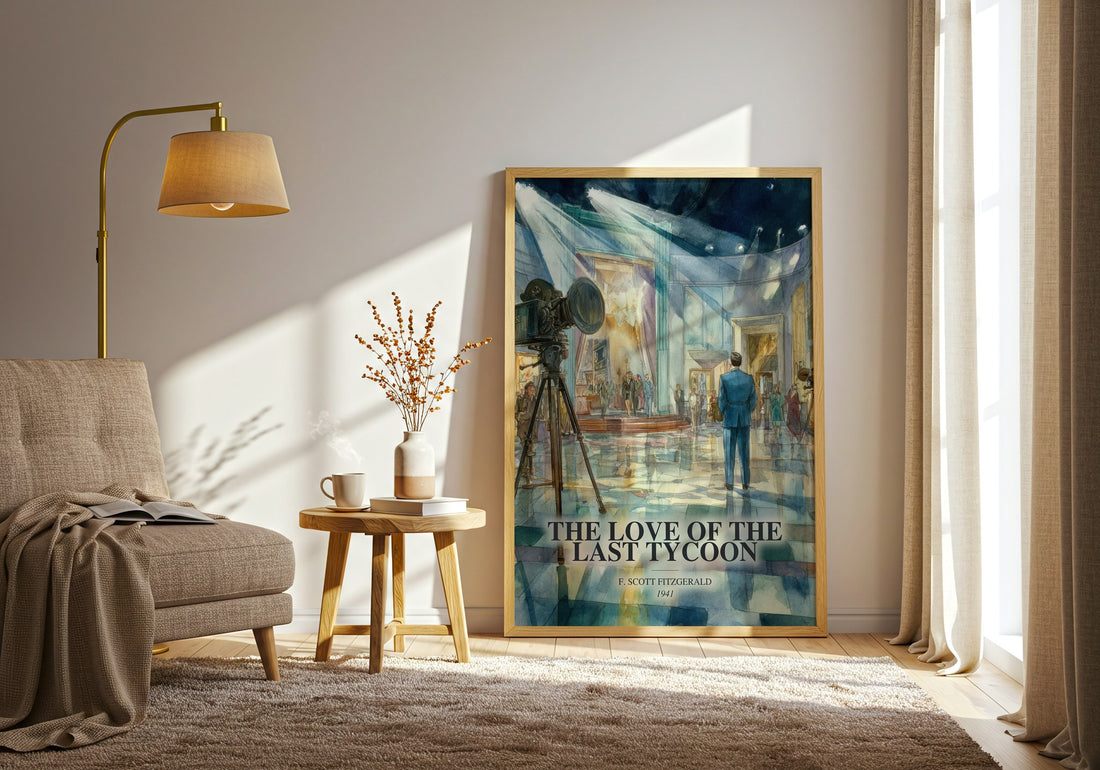 The Love Of The Last Tycoon watercolour print in frame leaning in hallway – literary fiction wall art (mockup)