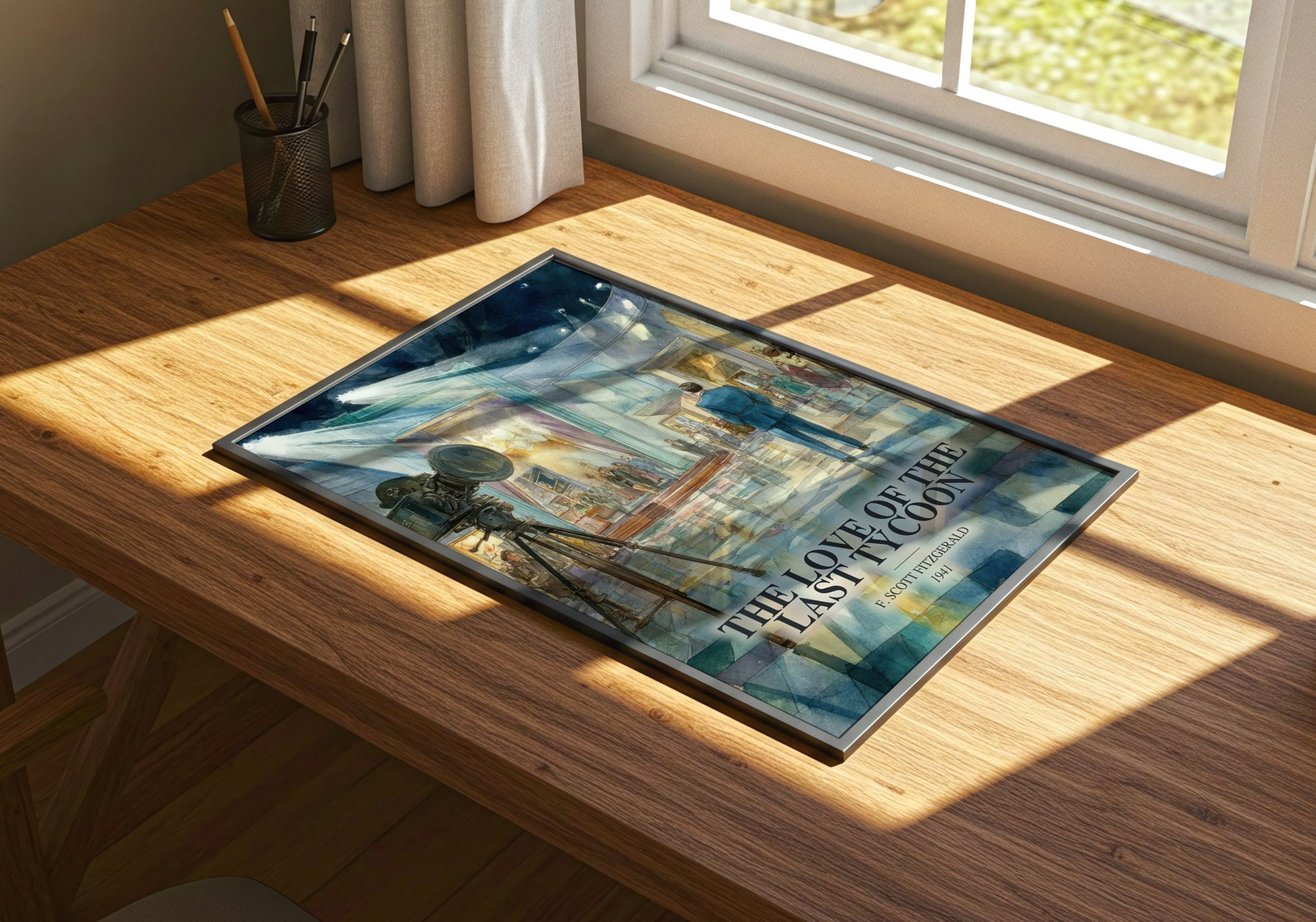 The Love Of The Last Tycoon watercolour book poster framed on wall – literary fiction wall art