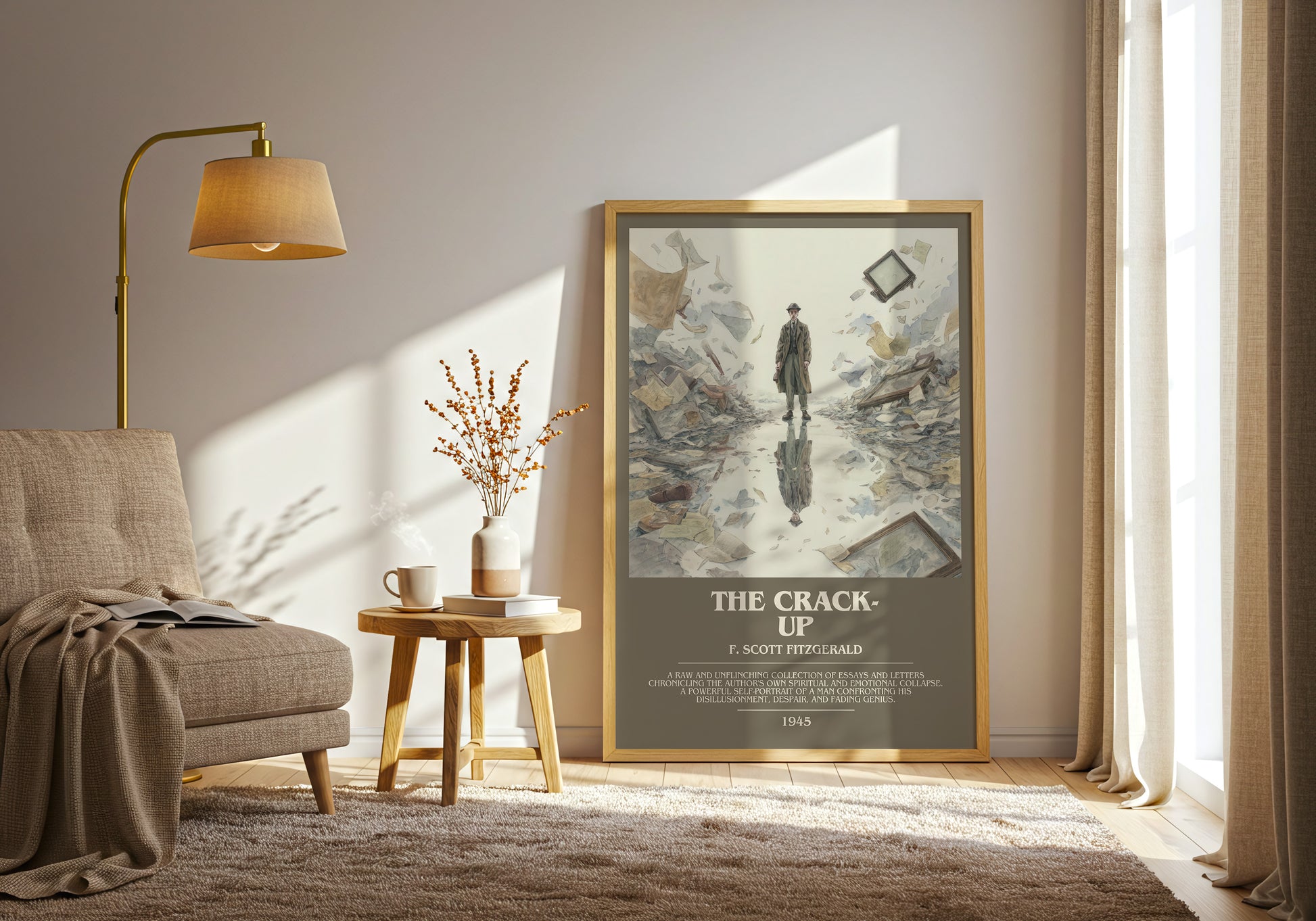 The Crack-Up bookish print framed by window – literary home decor